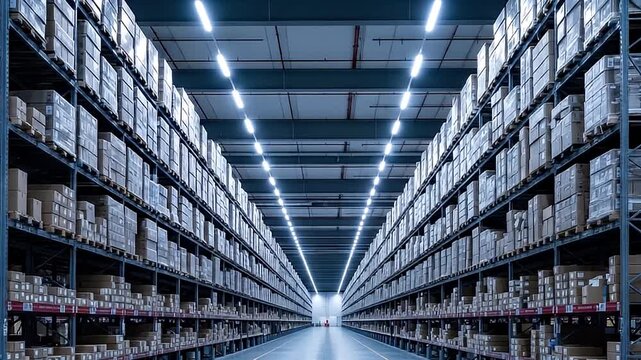 Warehouse Storage Panorama: An expansive view showcases a well-organized warehouse, filled with neatly stacked boxes that stretch into the distance.