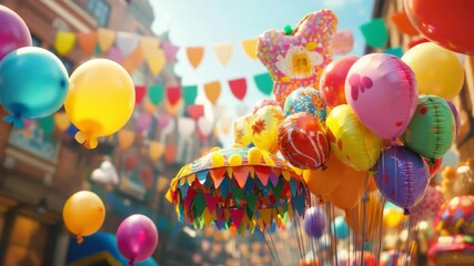 A festive atmosphere with a multitude of balloons tied together and floating above a city street. The captures the joyous spirit of celebrations and events.