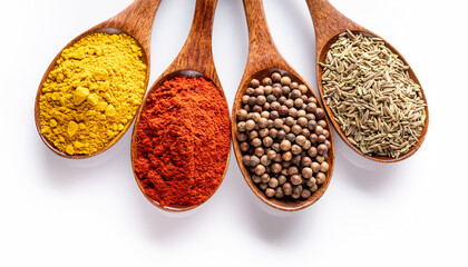 Assortment of vibrant spices and seasonings in wooden spoons