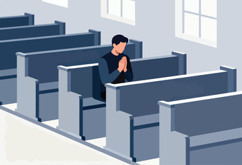 Simple illustration of a person praying in a church. A man kneels with hands together, focus