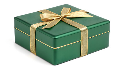 Green gift box with gold ribbon bow
