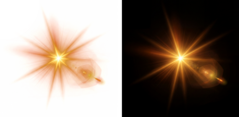 Golden lens flare light effect PNG with hexagonal bokeh. Abstract sun burst with rays isolated on black background for transparent overlay.