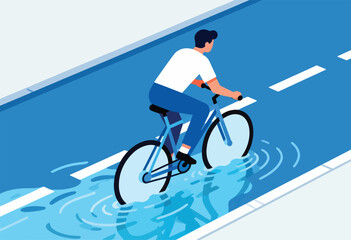 A cyclist in white shirt and blue pants bikes through a flooded road in a minimalist illustration