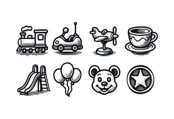 A charming collection of hand-drawn vintage-style children's play items, including a train, car, airplane, teacup, slide, balloons, teddy bear, and sheriff badge — stock vector.