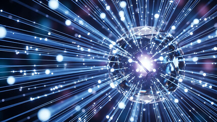 Abstract digital sphere with radiating light rays, symbolizing data, network, AI, and information technology connection
