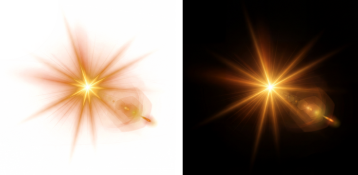 Golden lens flare light effect PNG with hexagonal bokeh. Abstract sun burst with rays isolated on black background for transparent overlay. - Powered by Adobe