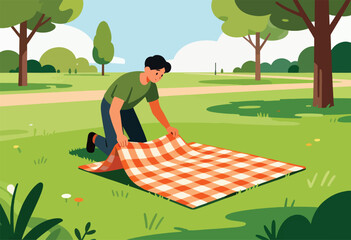 A person in a park kneels to lay out a picnic blanket on a green lawn, trees surrounding
