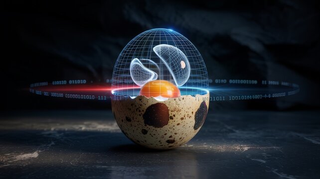 Quail egg with digital wireframe shell and binary data scan
- Powered by Adobe