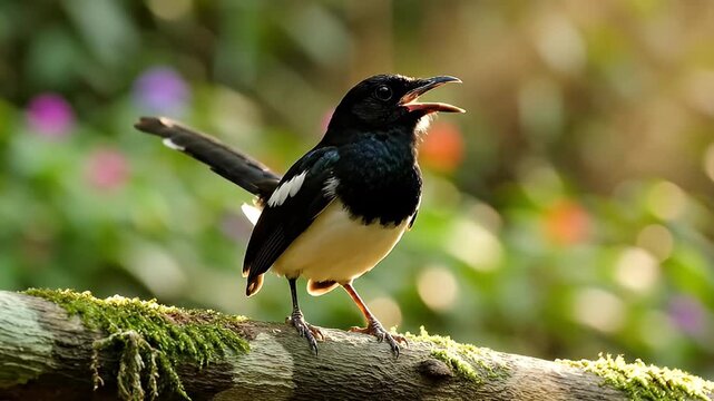 Oriental magpie robin bird perched on a mossy branch singing outdoors with bright golden sunlight filtering through the foliage