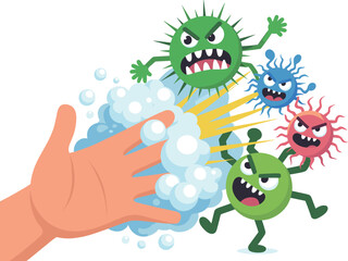 Hand Fighting Evil Germs with Soap Foam Hygiene Concept Vector
