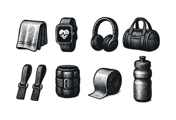 A hand-drawn collection of gym and workout essentials in an engraved style, featuring a smartwatch, headphones, gym bag, towel, ankle weights, athletic tape, and water bottle — stock vector.