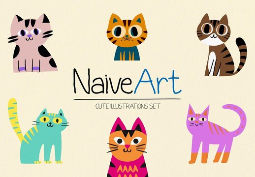 Cute Cats Naive Art Illustrations Set