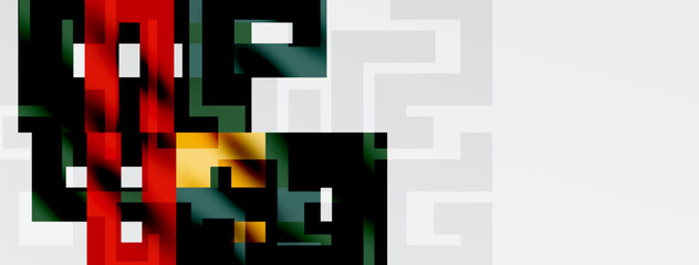 Abstract artwork features vibrant reds, yellows, greens against dark background. Pixelated effect creates modern aesthetic.