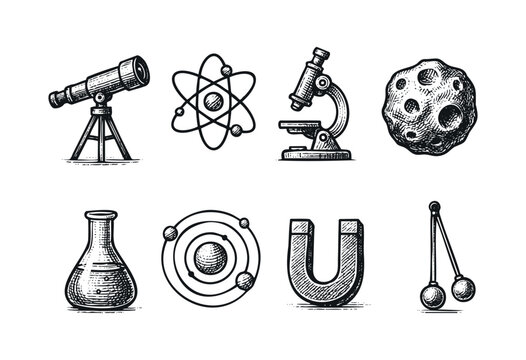 Collection of eight different science and physics icons, including a telescope, atom, microscope, and a chemistry flask, depicted in a vintage, hand-drawn sketch style &mdash; stock vector.