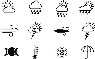 Weather icons set black and white line art illustration