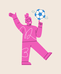 Girl spinning ball on finger. Colorful vector illustration