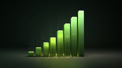 Abstract representation of growth with tall green bars and light particles on a dark background, symbolizing business success and financial improvement