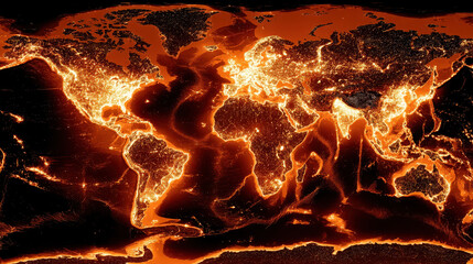 Global map illuminated with glowing orange and yellow lights highlighting population density and urban areas at night with visible continents and ocean outlines in dark background