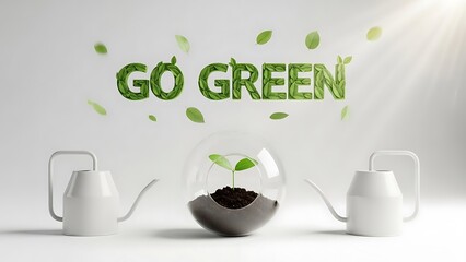 Go Green Message With Sprout In Glass Orb And Watering Cans eco friendly environment