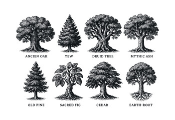 Fototapeta premium A set of eight distinct ancient, sacred, and mythical trees rendered in a classic woodcut or engraving style, isolated on white background — stock vector.