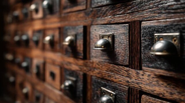 Close Up Angled View Of Antique Dark Wood Apothecary Cabinet Or Card Catalog Featuring Textured Wooden Drawers With Vintage Brass Cup Handles In Soft Atmospheric Lighting