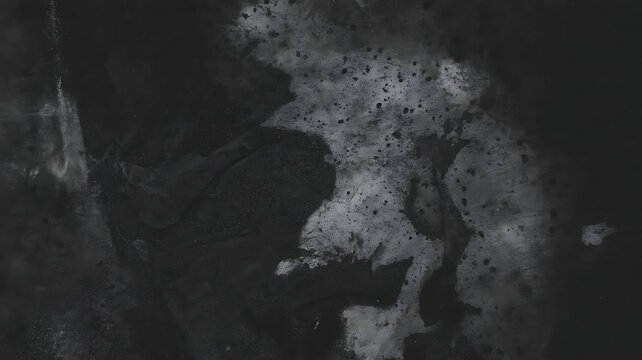 Monochromatic grunge texture, dark surface with spots and smudges ideal for distressed wallpapers, dramatic backdrops, or gritty artistic overlays to evoke a vintage or urban
