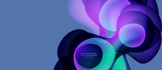 Abstract fluid shapes overlap, creating vibrant purple, teal gradients. Modern background design with dark edges, light center.