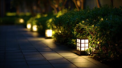 Fototapeta premium Row of Outdoor Garden Lights Illuminating a Stone Path at Night