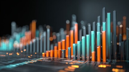 Abstract digital data visualization with colorful bar charts and glowing lines representing financial growth and analysis in a modern technology environment