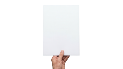 Hand holding blank A4 paper sheet isolated on white background