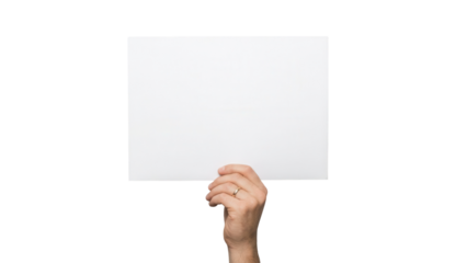 Hand holding blank white horizontal paper sign on white background