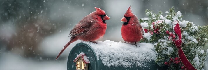 Cardinal birds perching on snowy mailbox during winter