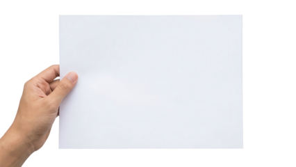 Hand holding blank white A4 paper sheet isolated on white background