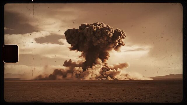 Vintage film strip showing the sequence of a nuclear bomb test explosion in a desert landscape. Apocalyptic mushroom cloud rising after a powerful atomic detonation