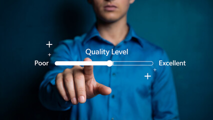A person's hand adjusts a virtual quality level slider on an interactive digital screen showing a range from poor to excellent service
