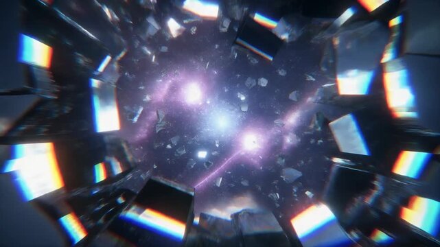 A glass surface cracks and shatters in a dynamic sequence. A portal to a vibrant cosmic universe is revealed behind the broken barrier. Conceptual background for breakthrough and discovery