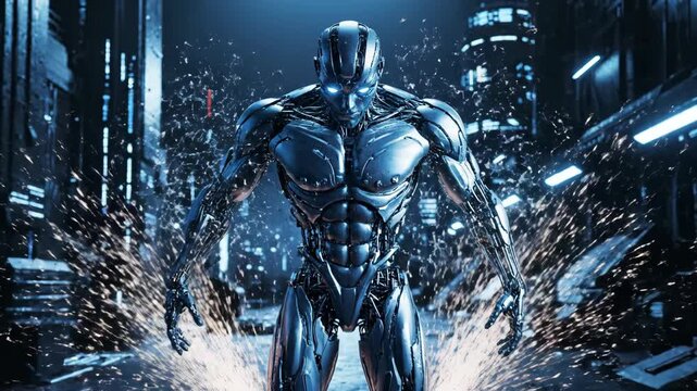 Malevolent artificial intelligence emerges from binary code. A powerful humanoid robot materializes with electric energy in a dark futuristic city. The advanced cyborg is ready for action