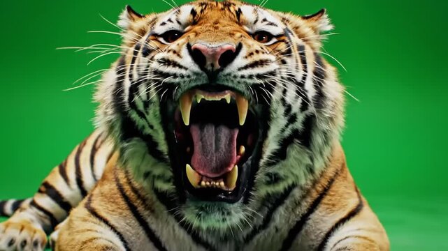 A close-up shot of an angry tiger roaring with its mouth open, showcasing sharp teeth against a vibrant green background.