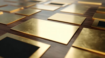 Golden Touch: A close-up view of a collection of gleaming gold rectangles arranged on a rich wood surface, showcasing the allure of wealth, design, and sophistication.