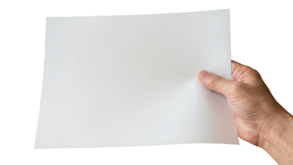 Hand holding blank white sheet of paper isolated on white background