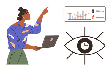 Person holding laptop, pointing to data chart with graphs and metrics. Eye with clock symbolizes focus, productivity, and time tracking. Ideal for analytics, strategy, teamwork, focus planning