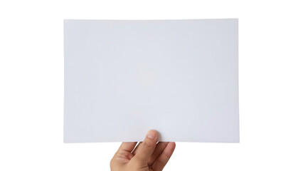 Obraz premium Hand holding blank white paper sheet isolated on white background