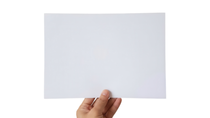 Hand holding blank white paper sheet isolated on white background
