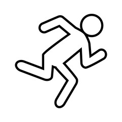 Stylized line art icon depicting a figure in a forward running motion with bent knees and arms pumping, suggests speed and motion. Related to jogging, emergency exits, fitness, sports representation