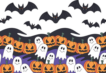 Fototapeta premium Halloween Seamless Pattern with Pumpkins, Ghosts, and Flying Bats Vector