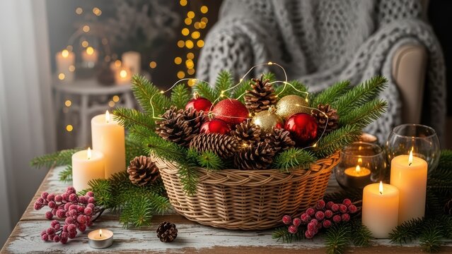 Cozy christmas scene with candles and basket of pinecones and baubles - Powered by Adobe