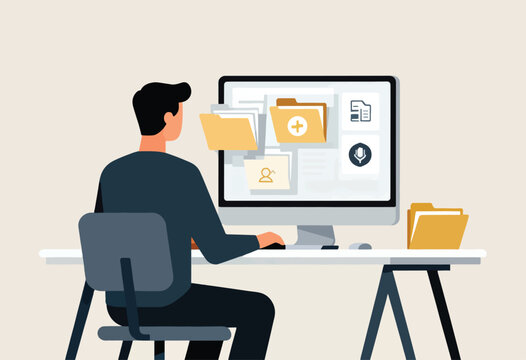 A person seated at a desk, facing a computer screen with file icons. Back view, with a minimalist design