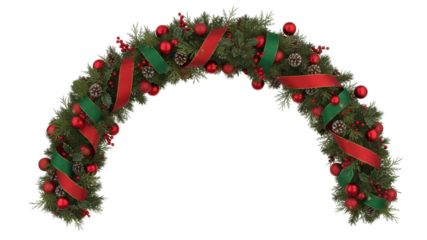 Christmas garland arch with red ornaments and ribbons on white background
