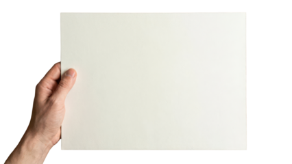 Hand holding blank white horizontal paper sheet isolated on white background