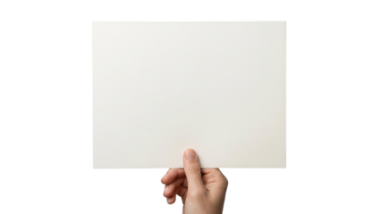 Hand holding blank white horizontal paper sheet isolated on white background
